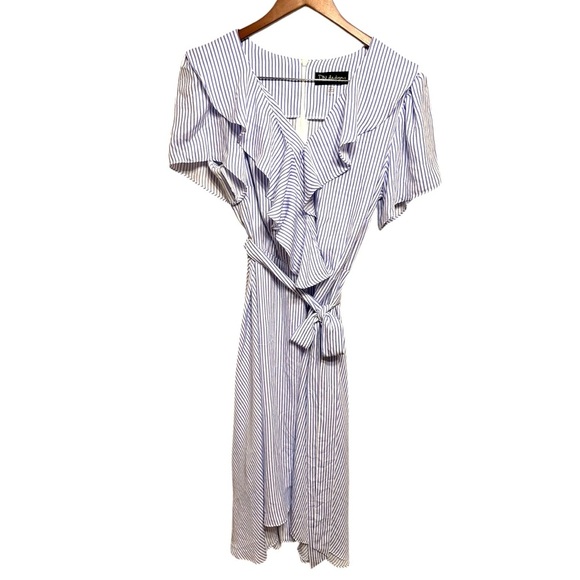 DN Design Women’s Blue & White striped chambray ruffled front dress. Sz 16W - Picture 1 of 9